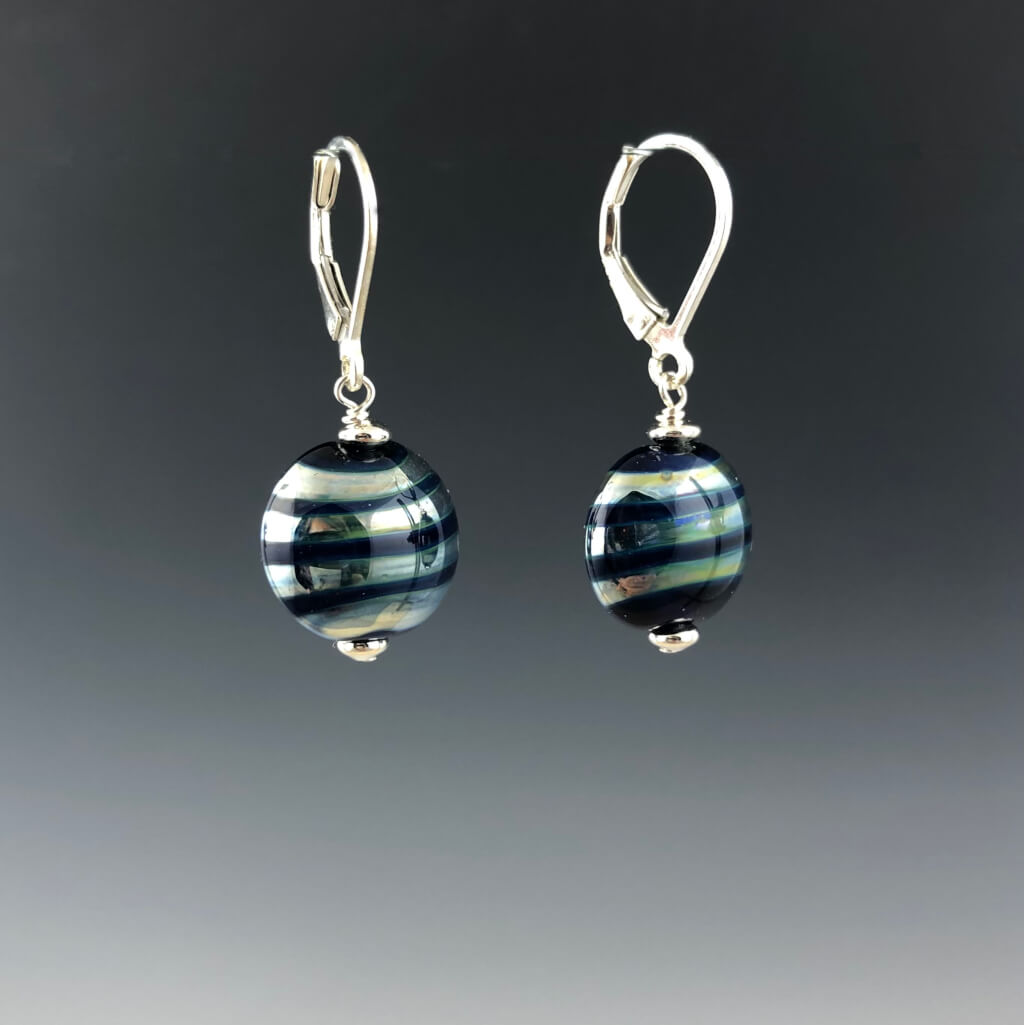 Side view showing leverbacks and mirrored stripe beads by Becky Congdon.