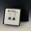The mirrored striped cobalt blue earrings are on an earring card and displayed with a black pin stripe gift box.