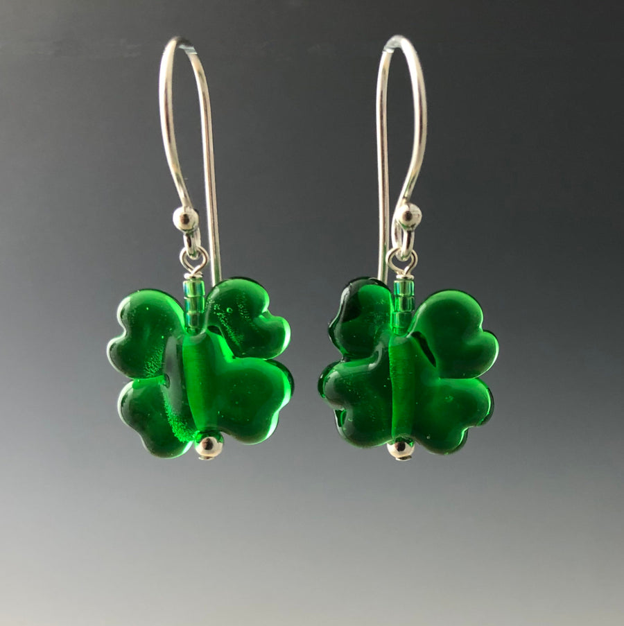 Handmade transparent kelly green shamrock glass beads on sterling silver Bali ear wires by Becky Congdon