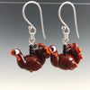 Handmade glass turkey beads in red brown dangling with onyx beads to loop onto sterling silver earwires. Great for Zoom Thanksgiving!